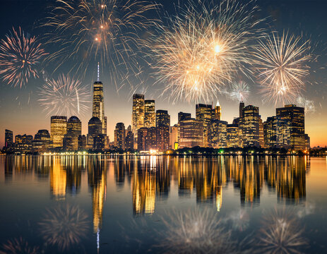 City skyline illuminated with fireworks reflecting on the water at twilight celebration scene view - Powered by Adobe