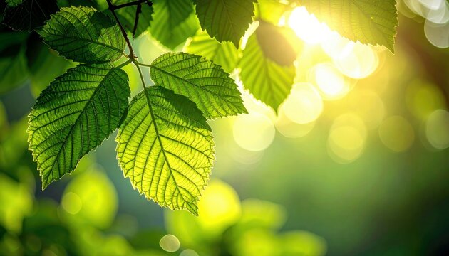 Close-up of bright green leaves with sunlight shining through them, creating a beautiful bokeh effect in the background.