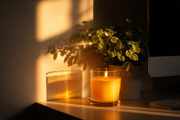 Warm Glow Illuminated Candle Beside Potted Plant, Casting Shadows on the Wall at Sundown