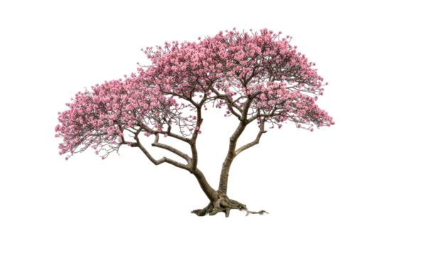 Small ornamental flowering tree with multiple slender trunks and blooming branches creating elegant natural shape, isolated on white background