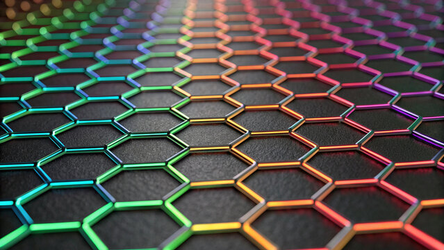 Abstract Rainbow Hexagonal Grid with Metallic Edges on Dark Textured Surface background pattern