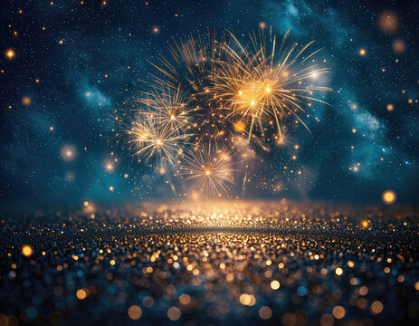 Fireworks illuminating a starry night sky above a shimmering golden surface with bokeh lights - Powered by Adobe