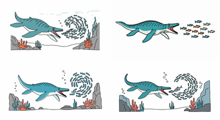 Fototapeta premium Plesiosaur hunting fish underwater scene