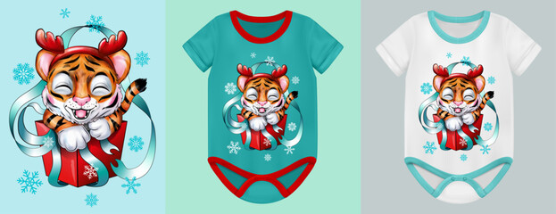 Cute Christmas tiger jumping out of a gift box with snowflakes for printing on a baby bodysuit