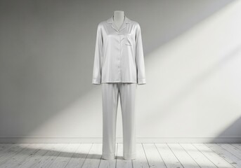 Elegant white satin pajama set displayed on a mannequin against a textured wall with natural light casting shadows mockup