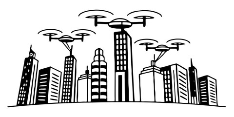 Futuristic City Skyline with Neon Lights and Flying Drones – Smart City Technology Concept (Background Removed)