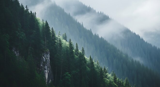 Misty forested mountainside with evergreen trees