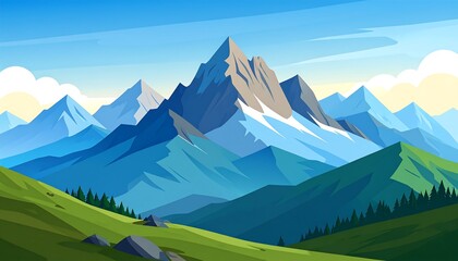 Cartoon-style illustration of mountain peaks and green valley