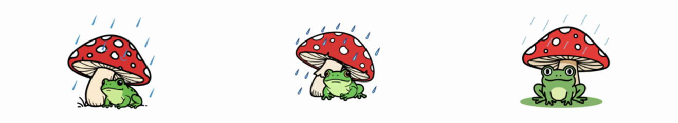 Frog under mushroom in rain with transparent background
