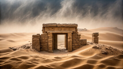 Ancient Stone Ruins in Desert Sands Under Hazy Sky architecture Background