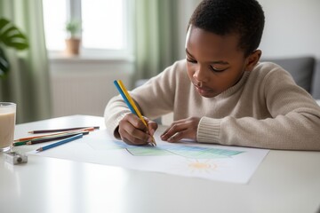 A focused young African American boy drawing with colored pencils at a table. Creative child engaged in an artistic hobby at home. Childhood development and education concept.