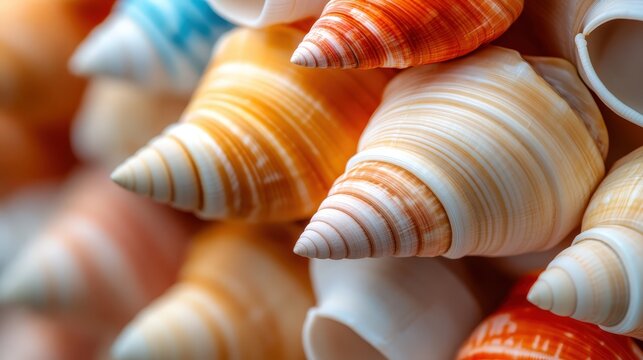 A collection of colorful spiral shells arranged artistically to display their natural beauty, evoking feelings of tranquility and connection to the ocean and its soothing presence.
