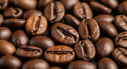 A close-up shot reveals a rich, dark pile of roasted coffee beans, showcasing their texture and color.