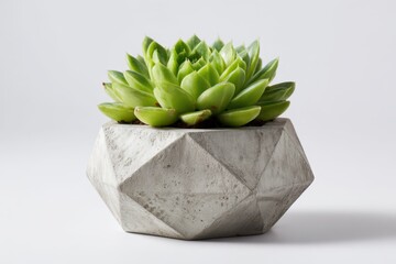 Close-up of a green succulent in a geometric concrete planter on a white background