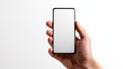 Close-up of a hand holding a generic smartphone on a clean white background for easy editing