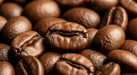 A close-up shot reveals a rich, dark pile of roasted coffee beans, showcasing their texture and color.