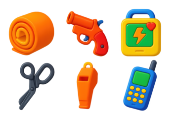 Emergency Tools Icons. 3D icon set of emergency response tools: emergency bivy sack, flare gun, portable defibrillator, satellite