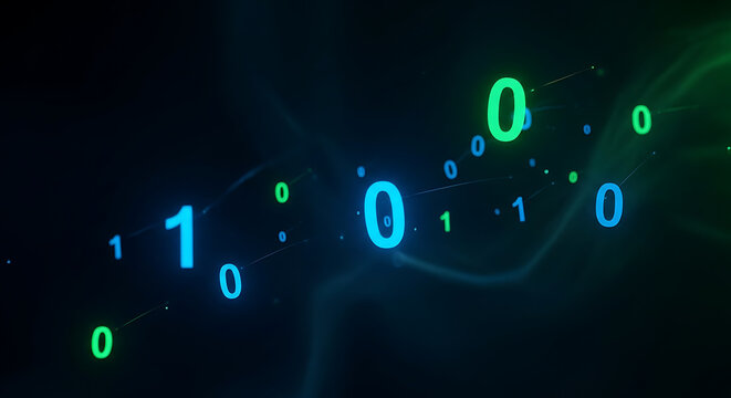 Abstract Binary Code Numbers Zero And One With Light Effects In Blue And Green Color Concept For Digital Background And Future Technology