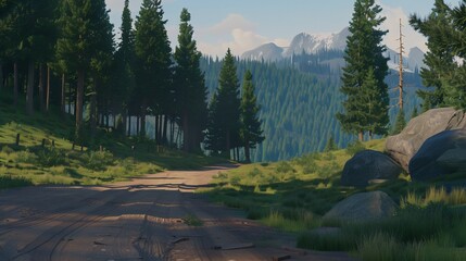 A dirt road winds into a lush green forest, leading to distant mountain peaks under a clear sky