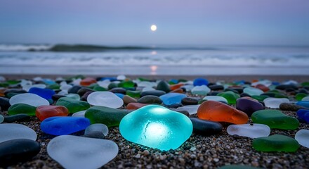 Glowing sea glass on a pebble beach at dusk