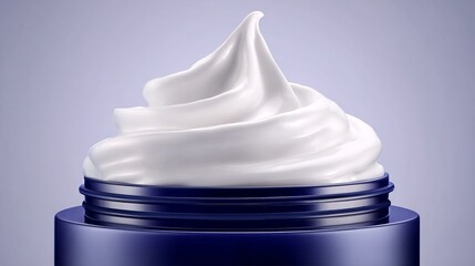 Vasetto di crema cosmetica aperto, con il prodotto che fuoriesce formando una morbida e liscia “punta” a spirale.