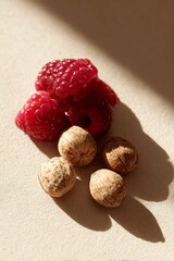 Primo piano di lamponi rossi succosi insieme a noci, illuminati da una luce naturale che crea ombre