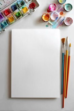 Composizione creativa di strumenti di pittura, come acquarelli colorati, pennelli e un foglio da disegno bianco e vuoto

