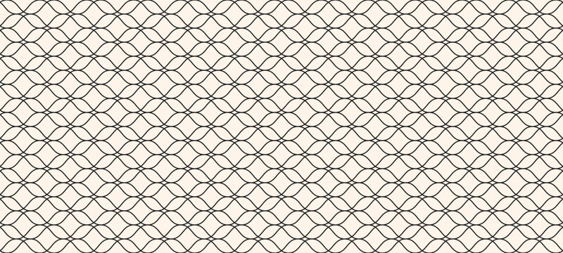 Delicate vector seamless pattern in Islamic style. Subtle mesh, grid, lattice, net, thin curved lines. Abstract minimal geometric ornament. Black and white background texture. Repeating geo design