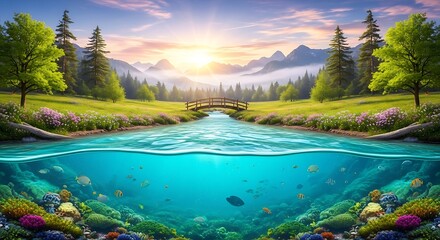 Fototapeta premium Serene river landscape with underwater life and sunset