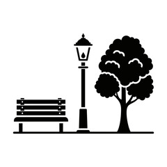 Naklejka premium Park Bench with Tree and Lamp Post Silhouette Vector Illustration