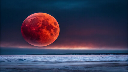 Blood Moon Lunar Eclipse Over Frozen Landscape at Dusk full moon Background