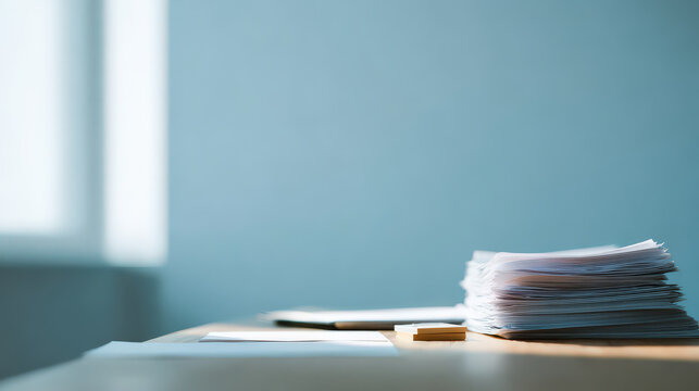 manager desk adorned with neatly organized documents featuring ar blurred white text bars in foreground