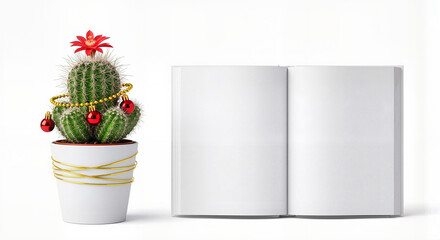 Creative Christmas cactus with blank notebook for holiday blogging, content creation, and seasonal inspiration