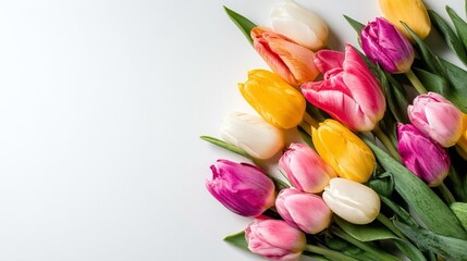 Romantico biglietto regalo con un bouquet di tulipani variopinti in un angolo e spazio per auguri