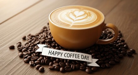 A cup of coffee with a heart-shaped latte art design on a wooden table with coffee beans.