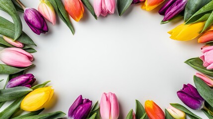 Rappresentazione stilizzata di tulipani multicolore, che incorniciano la parte inferiore di uno spazio bianco da personalizzare.