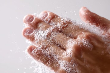 Fototapeta premium Close-up of an adult hand washing with soap bubbles on a pure white background