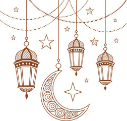 Ramadan golden decoration. Hanging lanterns, crescents, stars. Islamic celebration border.