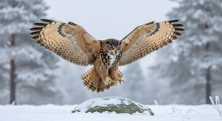 Obraz premium Powerful Hawk in Mid-Landing with Fully Extended Wings Over Snowy Terrain - A Dynamic Action Shot Capturing the Incredible Athletic Prowess and Hunting Precision of Nature's Apex Aerial Predator in Wi