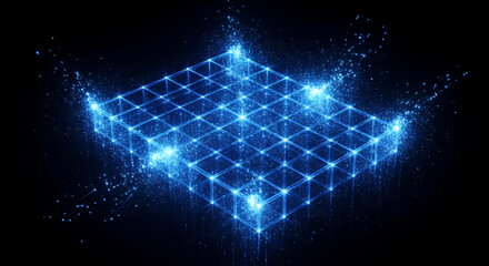 Abstract Blue Grid with Glowing Particles on Black Background Technology Data Connection Visualization Digital Network Communication Structure