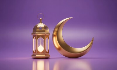 Gold lantern and crescent moon against a purple background
