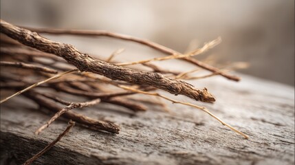 Close-up of dry twigs on a weathered wooden surface with warm natural light