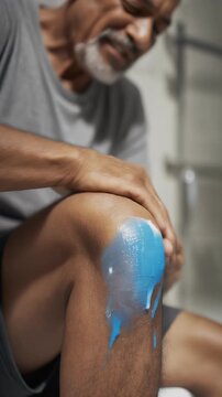Older man applying oiontment to painful knee, joint pain relief therapy concept.