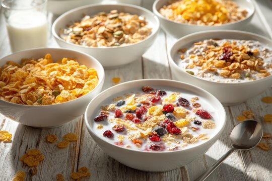 Close-up of different cereals in white bowls for a wholesome breakfast