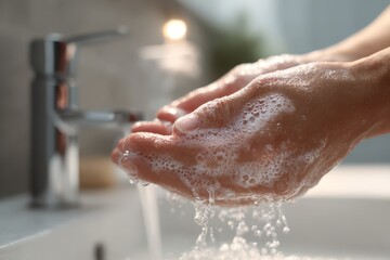 Fototapeta premium Close-up of hands washing with soap under running water to illustrate hygiene