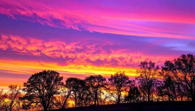 A dramatic sunset paints the sky with vibrant hues of purple, pink, and orange, silhouetting a line of trees against the colorful clouds.