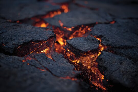 Close-up of molten lava fissures in rugged volcanic rock