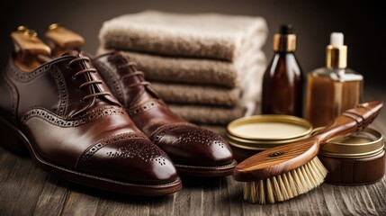 Close-up of polished leather shoes with a shoe care kit on a wooden surface