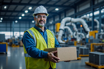 Factory Worker in Safety Gear Holding Box in Industrial Setting