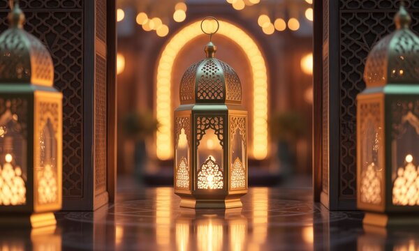 Golden lanterns illuminate an ornate archway, creating a warm, inviting scene